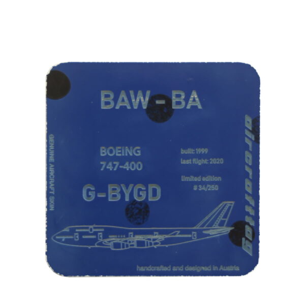 Aircrafttag Coaster Boeing 747-400 British Airways G-BYGD blau mit schwarzen Punkten