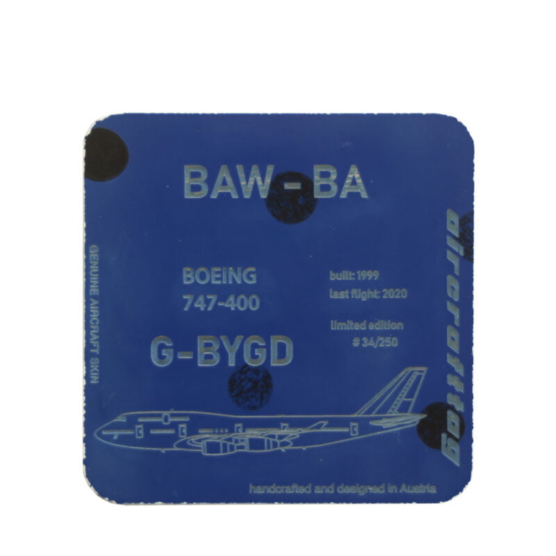 Aircrafttag Coaster Boeing 747-400 British Airways G-BYGD blau mit schwarzen Punkten