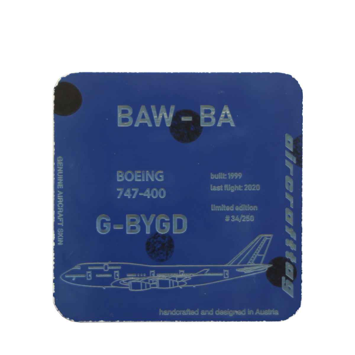 Aircrafttag Coaster Boeing 747-400 British Airways G-BYGD blau mit schwarzen Punkten