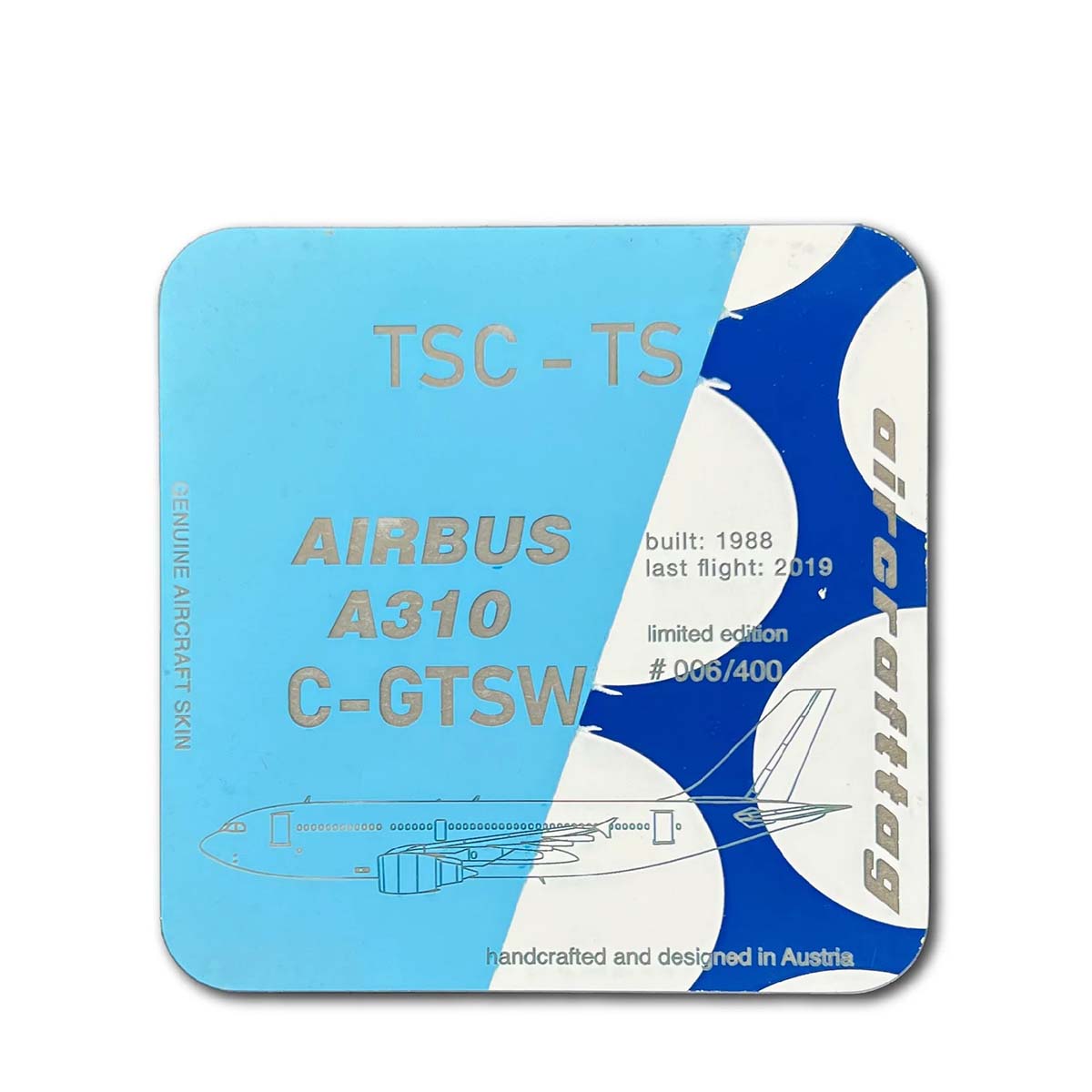 Aircrafttag Untersetzer Air Transat A310 C-GTSW bicolor blau punkte – Bild 1